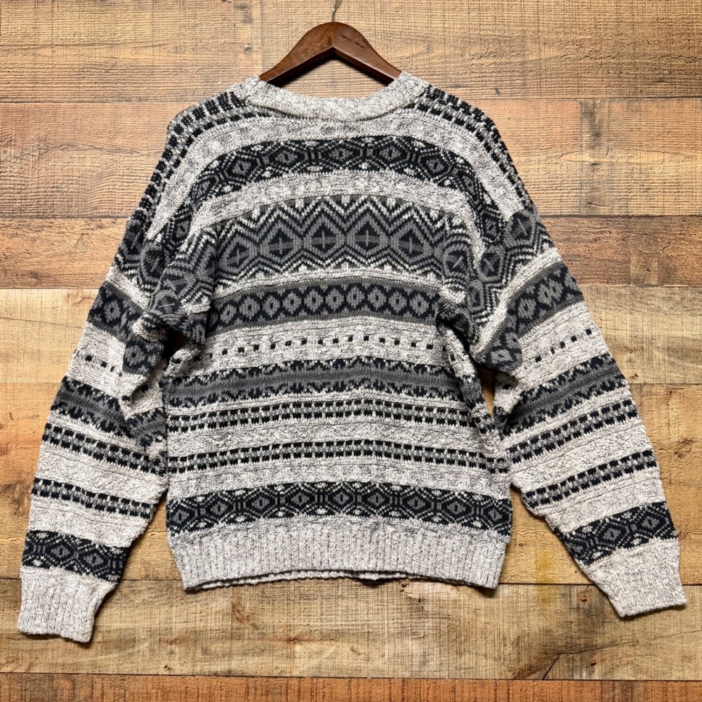 Vintage Towncraft Mens XL Gray Fair Isle Geometric Knit Crewneck Sweater Cotton